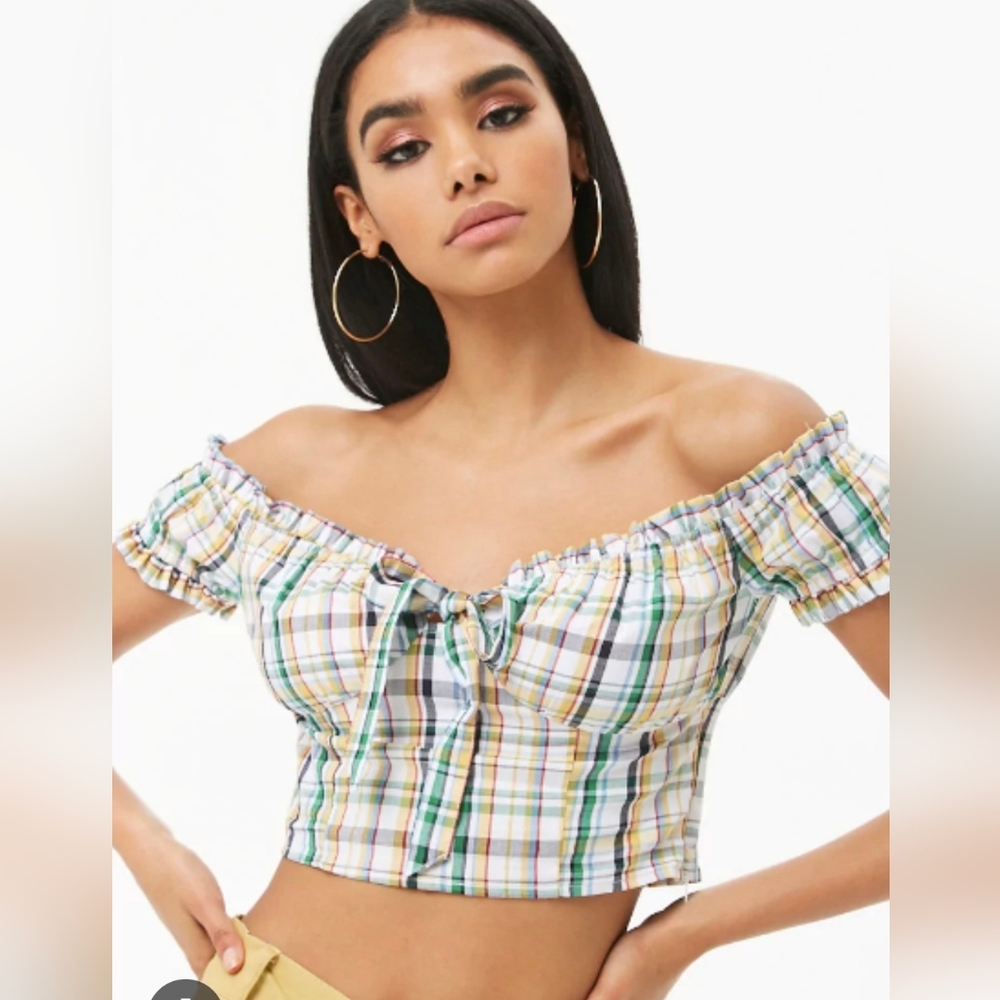 Forever 21 Green & White Plaid Off-Shoulder Tie-Front Cotton Crop Top Size S